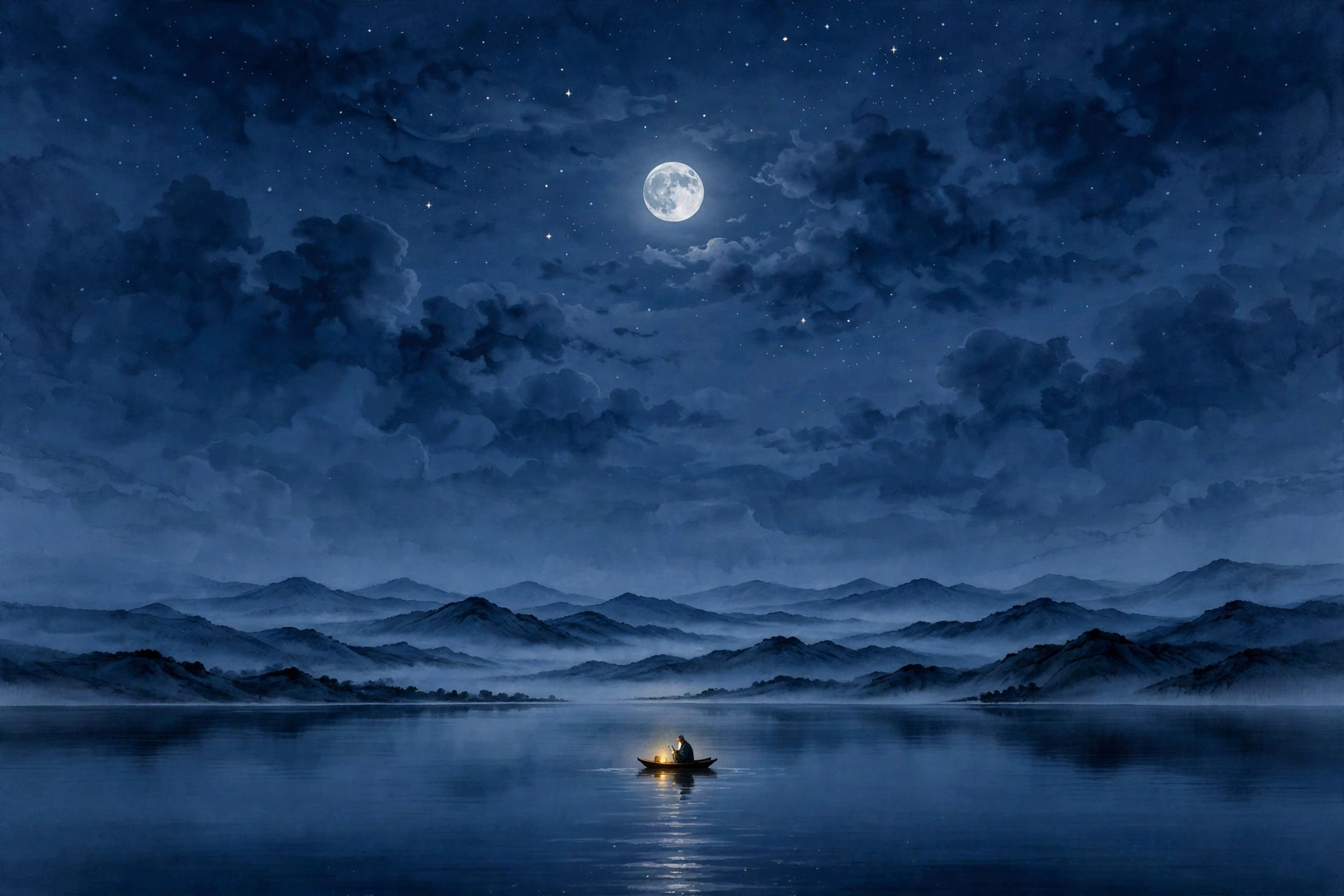 东方山水 · 配色3 月夜深蓝：明月繁星、深蓝夜空与舟上灯火
