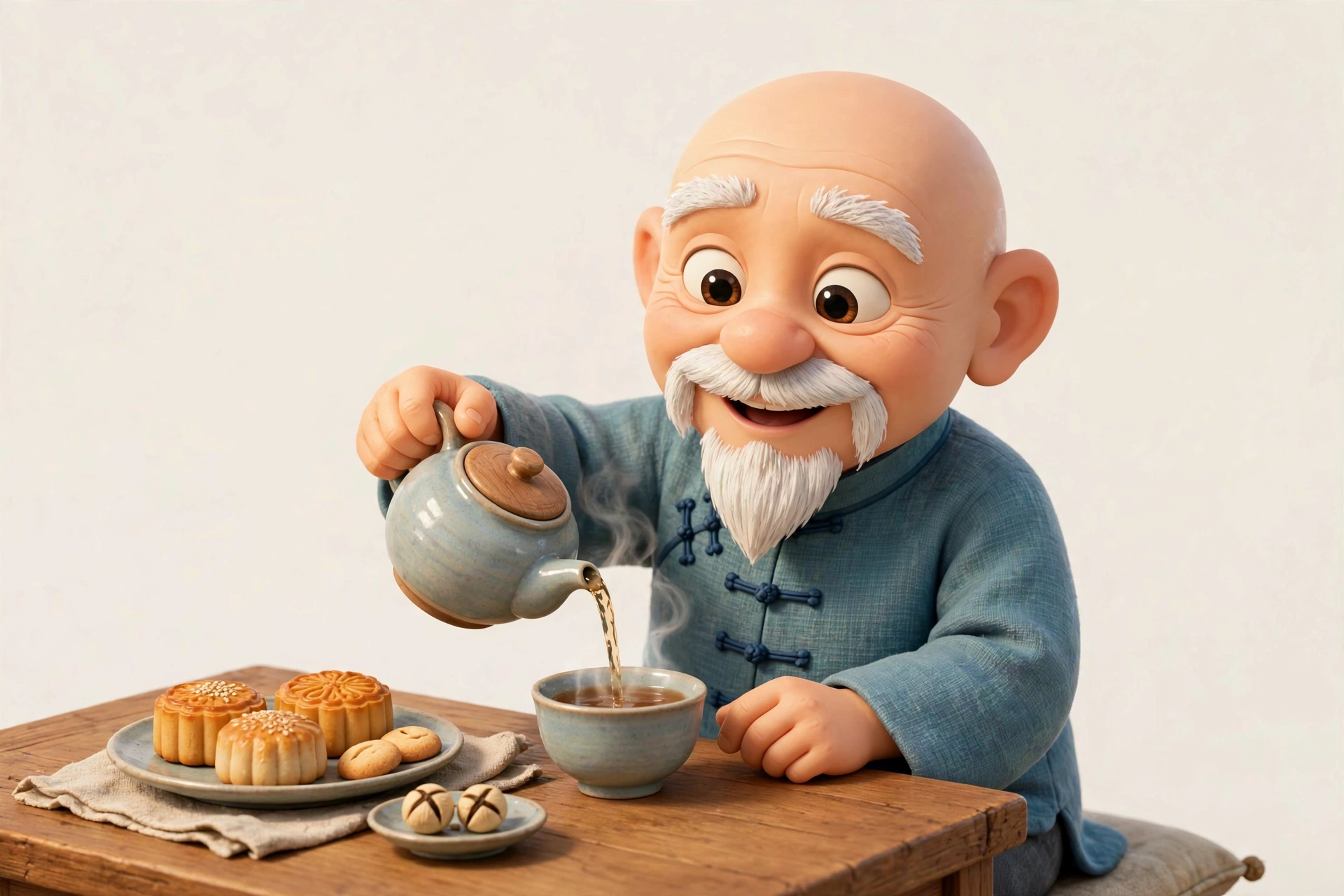 茶桌时光:小老者在茶桌前倒茶